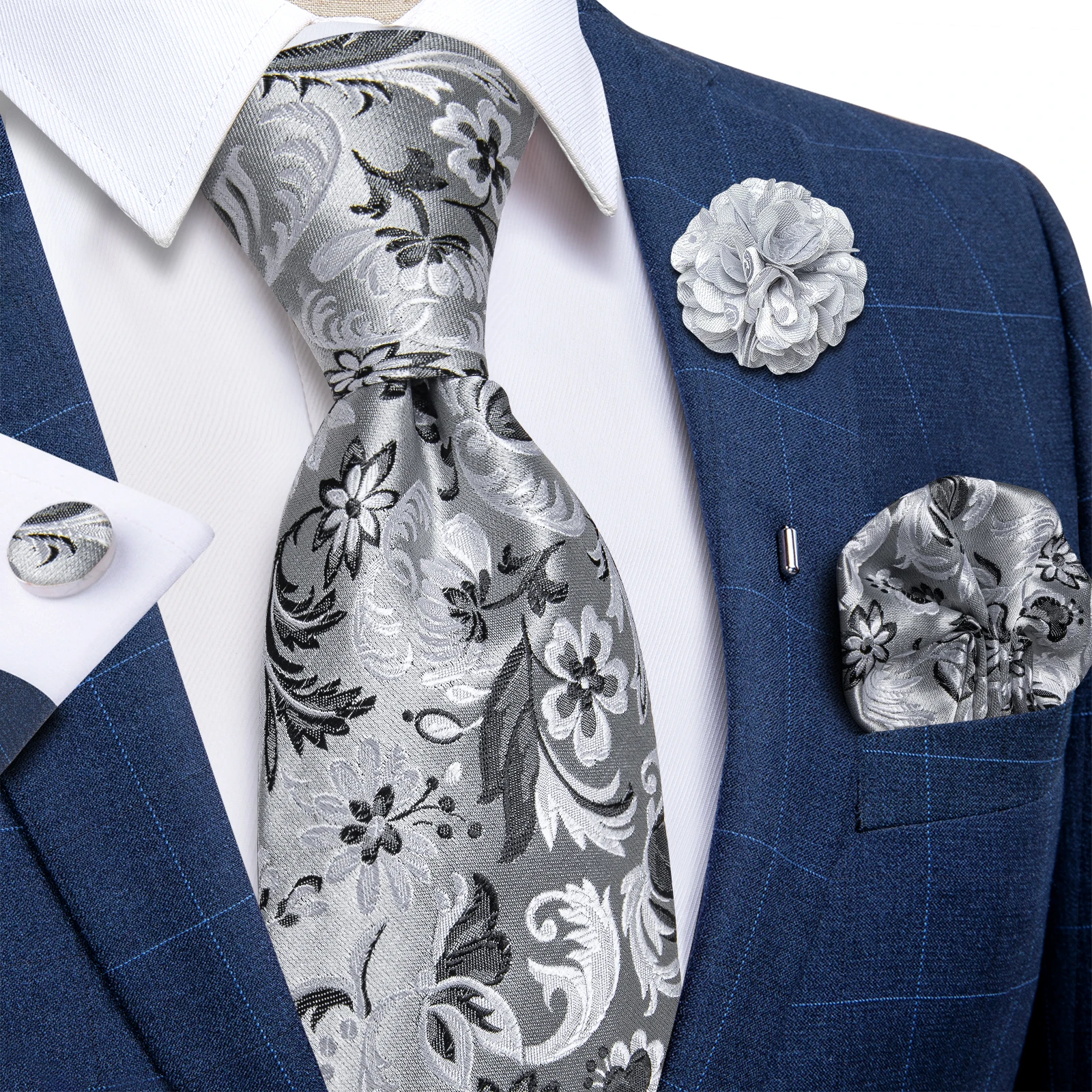 2023 New Classic Green Blue Paisley Silk Ties For Men Handkerchief Cufflinks Brooch Pin Wedding Accessories Men Gift Dropship