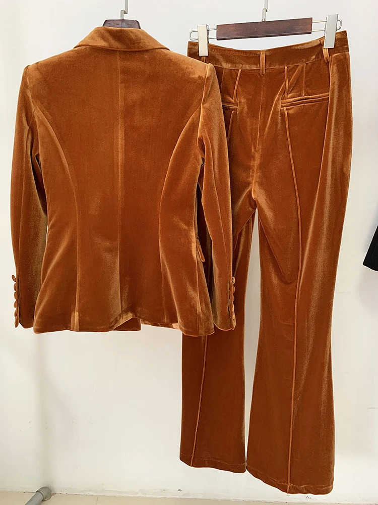 HIGH STREET est F/W Set Womens Single Button Velvet Jacket Flash Pants Set 2-piece 241031