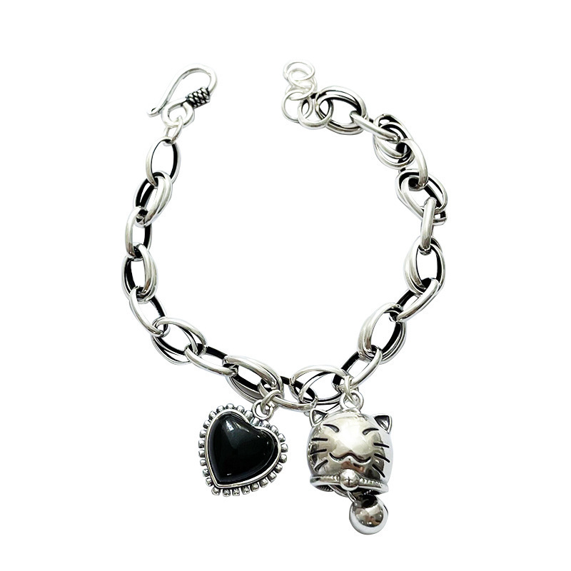 100% 925 Sterling Silver Sweet Cat Animal Bell Black Love Heart Resin Ladies Charm Bracelets Jewelry For Women Gifts No Fade