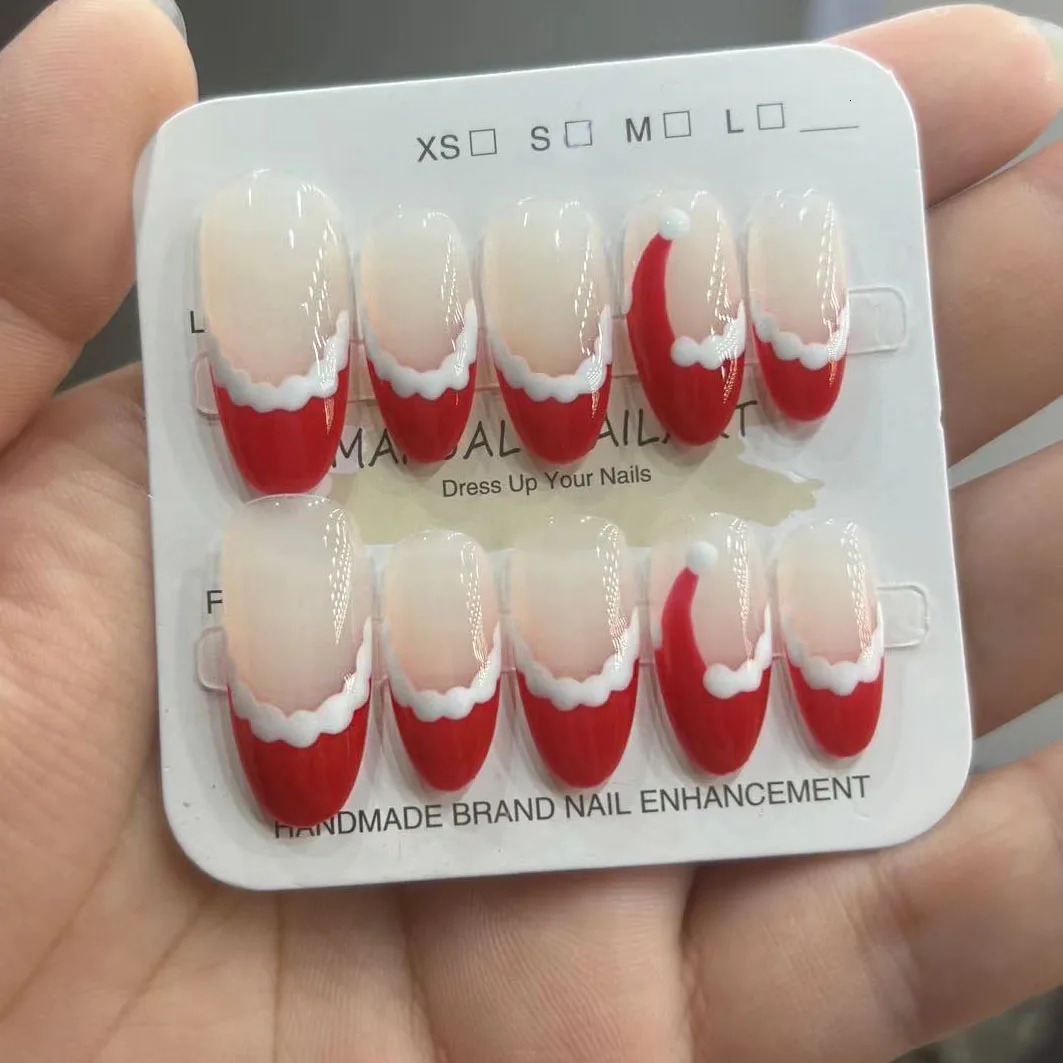 10 cute handmade French red pressed nails with Christmas hat n fake nail party Year nail art wearable fake nails 241031