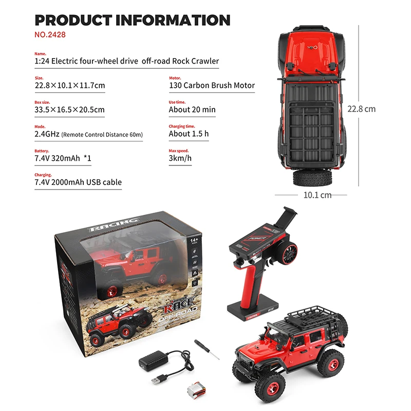 Wltoys 2428 1:24 Mini RC Car 2.4G With LED Lights 4WD Off-Road Vehicle Model Remote Control Mechanical Truck Toy for Children