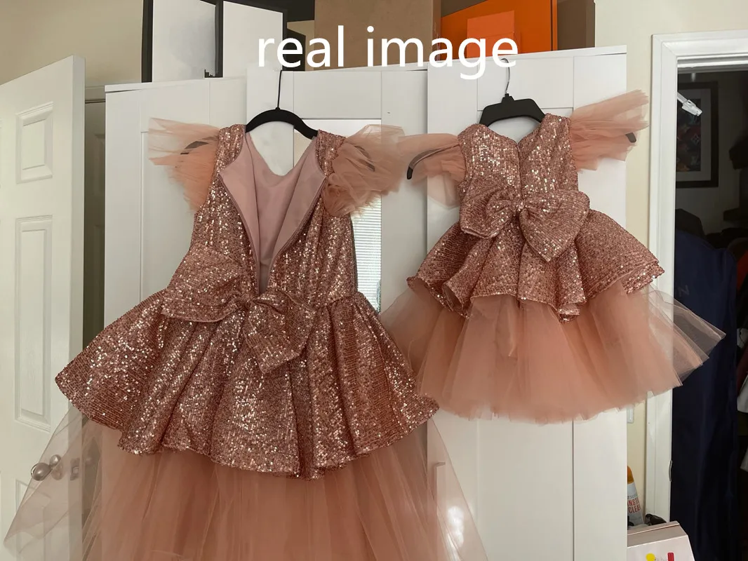 Glitter Sequin Celebrity Baby Dresses Sequin Bow Tulle Layer Flower Girls Dresses Shiny Girl Birthday Gowns New Year