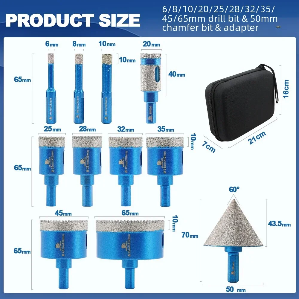 BRSCHNITT Diamond Drilling Bits Kit Tile Cutter for Drilling Ceramic Marble Granite, Triangle Shank 11Pcs Hole Saw
