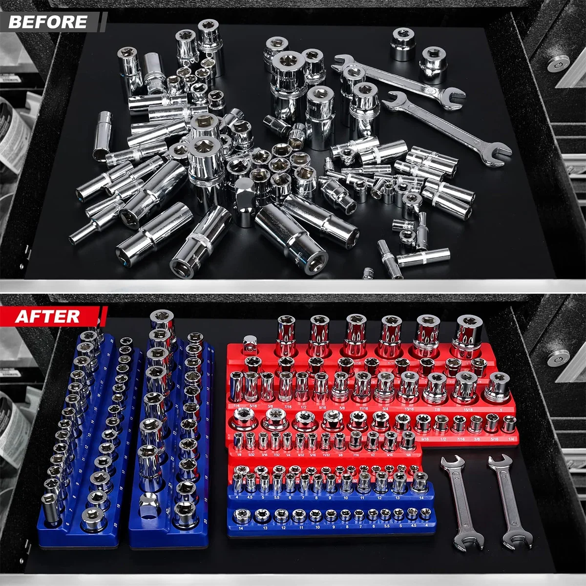 Magnetic Socket Organizers|3Piece Set Socket Holder Kit|1/2,3/8&1/4"Drive|Holds 68 Sockets|Professional Quality Tools Organizer