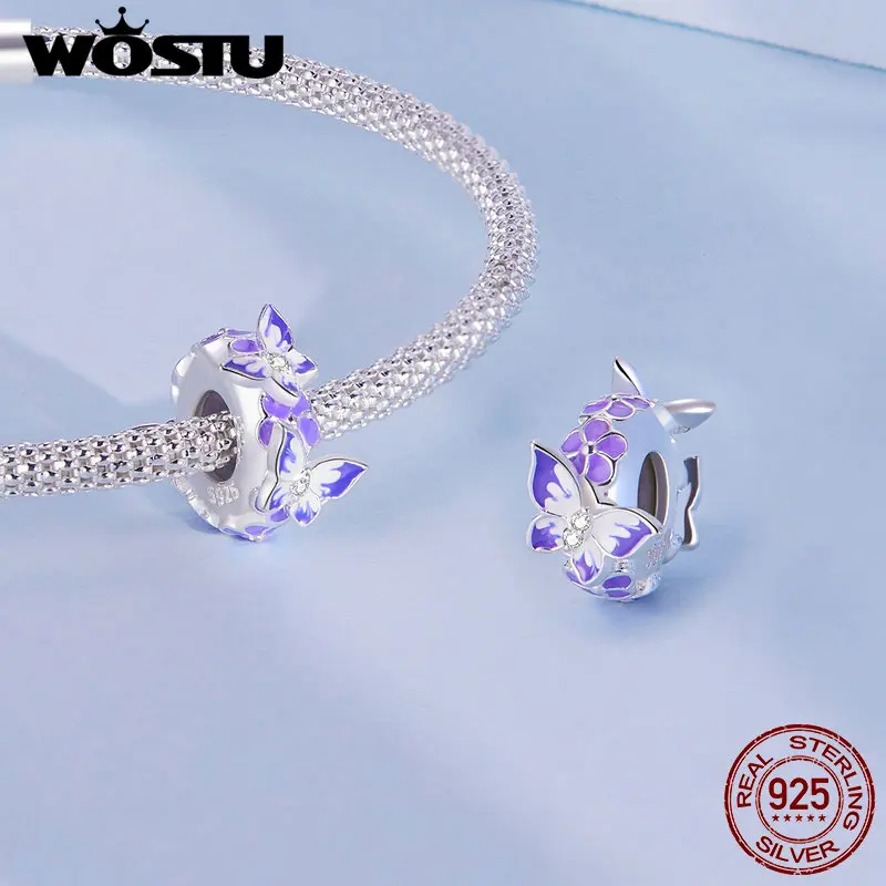 WOSTU 925 Sterling Silver Mystic Purple Flower Charms Beads Butterfly Safety Chain Fit Original Bracelet DIY Necklace Jewelry
