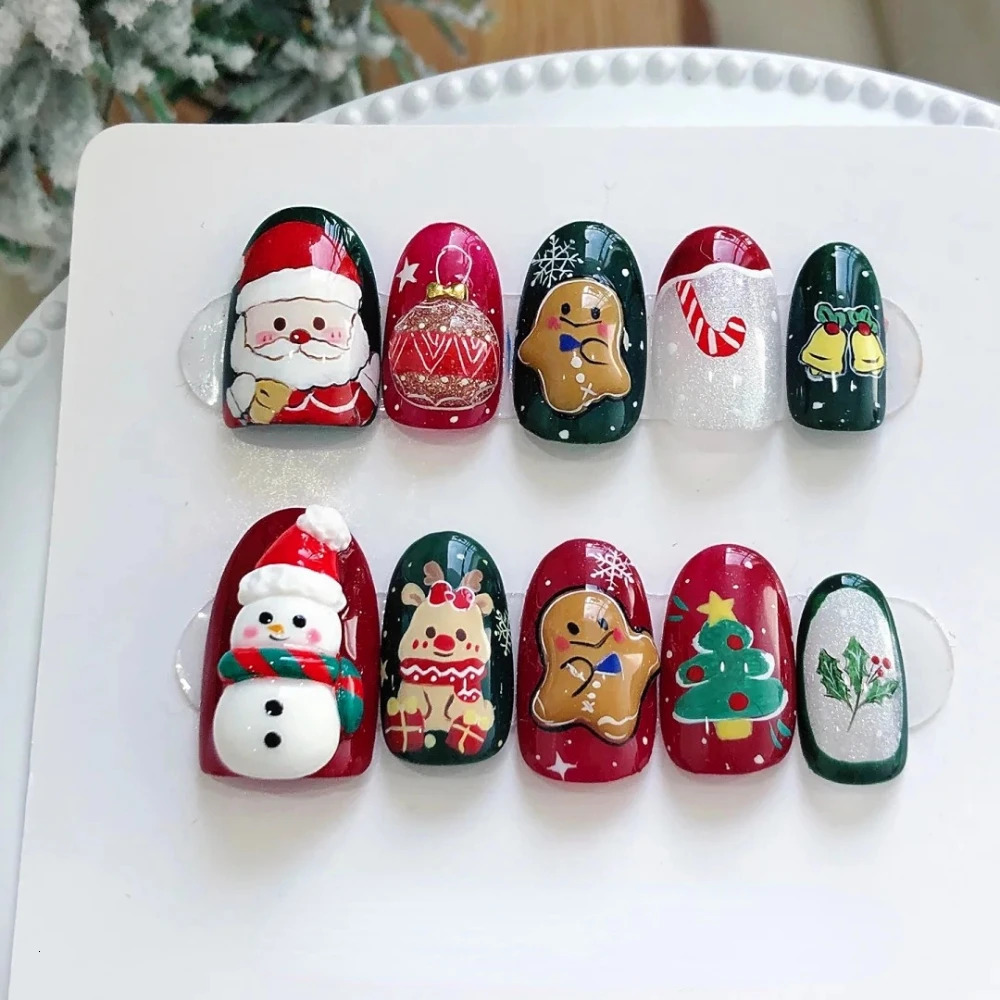 10 handmade pressed nails Christmas cute gingerbread mens oval shaped fake nail n art female gift 241031