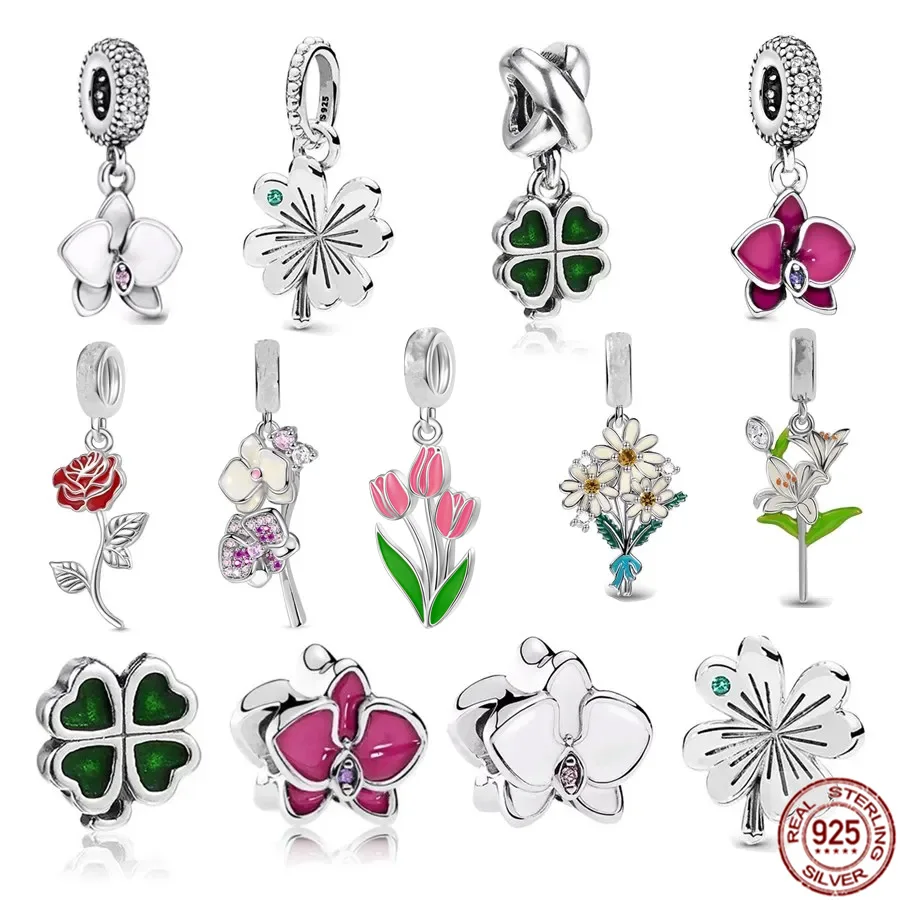 925 Sterling Silver Moth Orchid, Rose, Daisy Flowers Pendant Green Clover Charm Beads Fit Original Pandora Bracelet DIY Jewelry