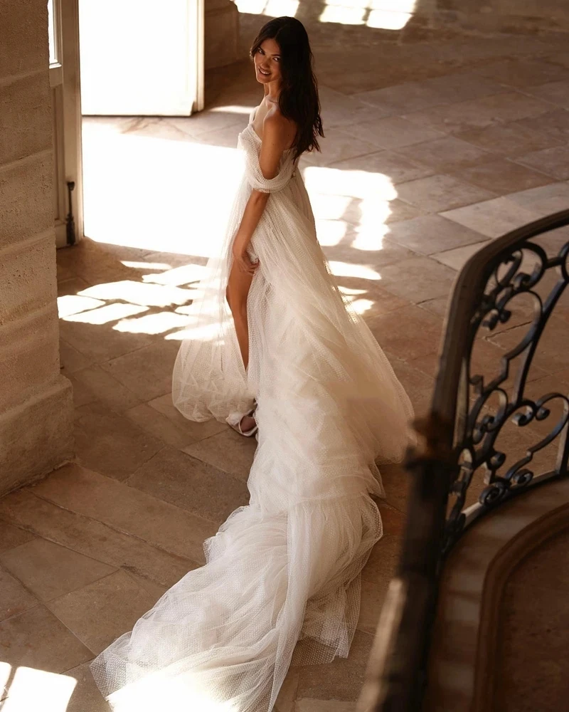 Simple Tulle Wedding Dresses For Women 2024 Sweetheart Bridal Gowns Off The Shoulder Sexy Robes Side Slit Vestidos De Novia 2023