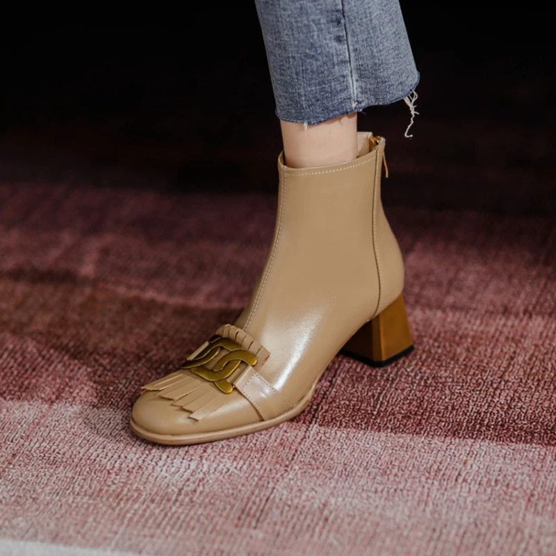 SALE HOT Tassel Metal Buckle Cute Genuine Leather for Short Chunky Boots Black Women Shoes e07c