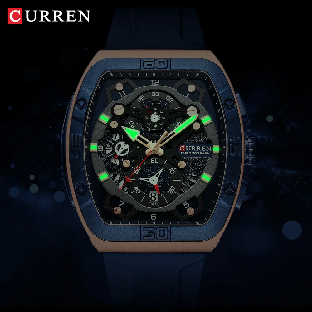 CURREN Brand Unique Tonneau Watches with Large Dial Casual Quartz Silicone Strap Wrist Watches with Luminous 8443