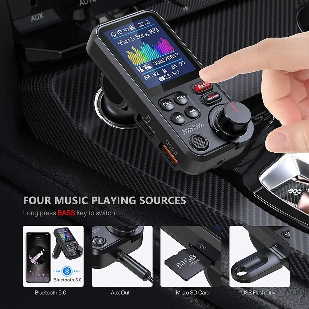 1pc Bt93 Car Bluetooth-compatible FM Transmitter Mp3 Music Player Large Microphone USB Music Play QC3.0 Fast Charger Accessories