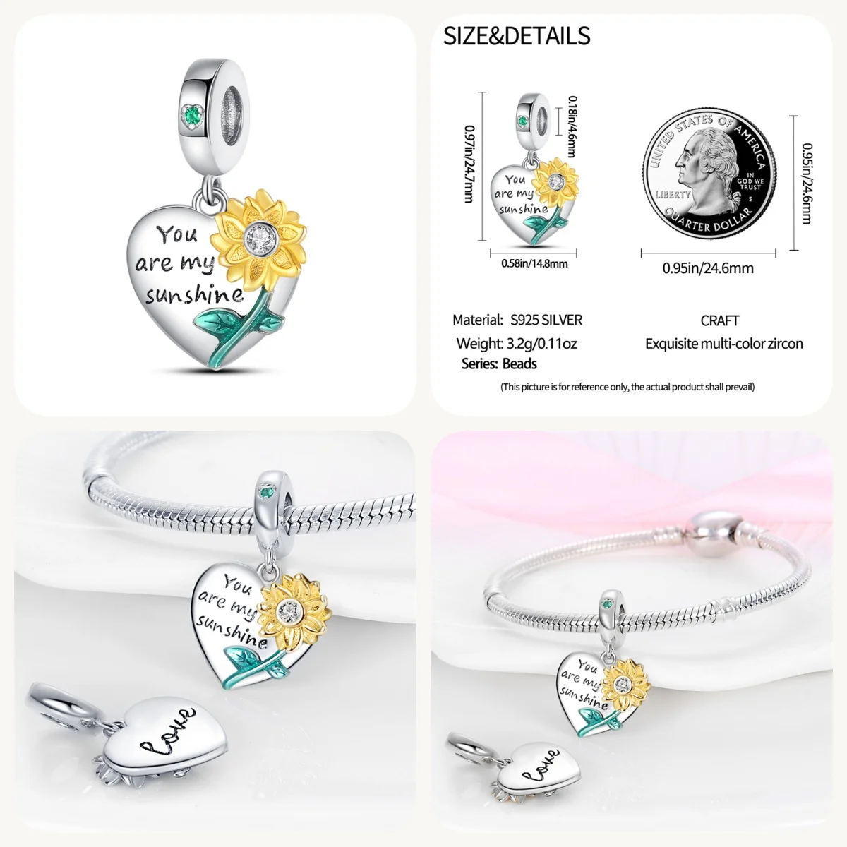 New in 925 Silver Sunflower Charms Fit Original Bracelet&Bangle For Women Birthday Fine Jewelry Gift