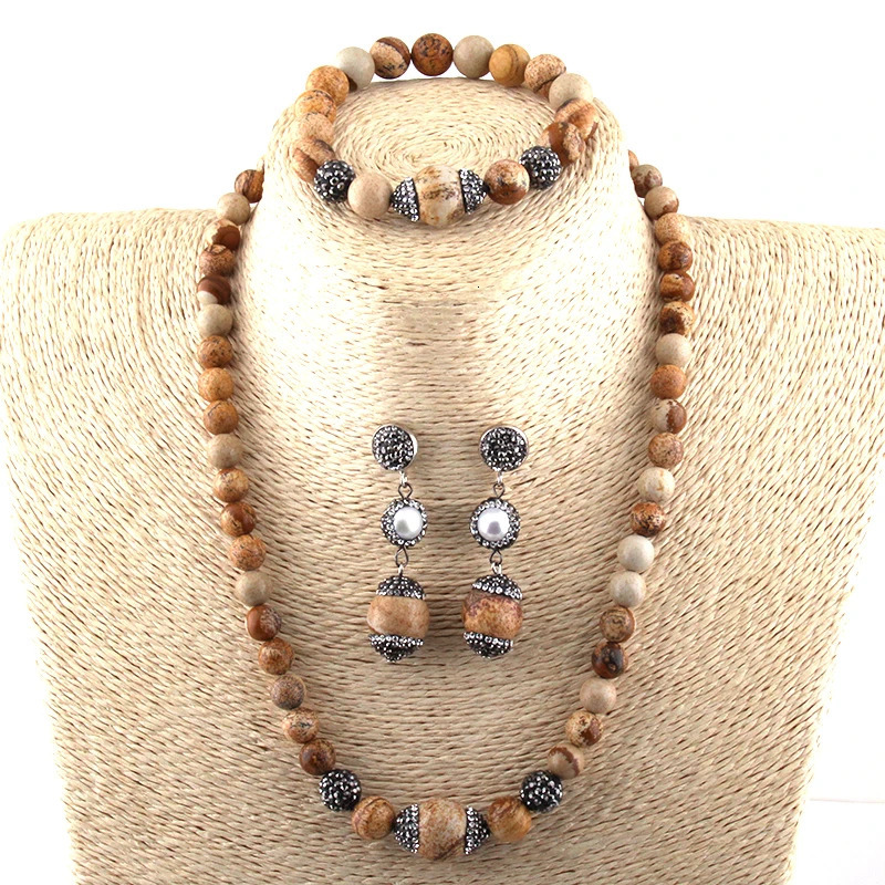 Free delivery fashionable Bohemian jewelry set natural stone chain bracelet handmade paved stone necklace bracelet 241031
