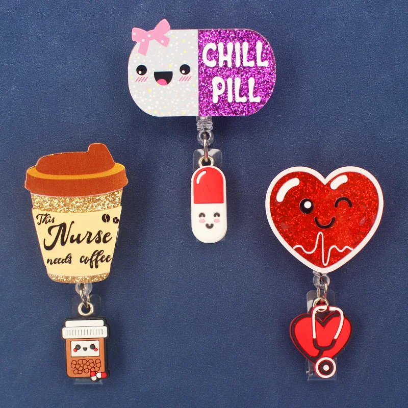 New Glitter Acrylic Nurse Double Chill Pill Badge Reel Retractable ID Badge Holder With 360 Rotating Alligator Clip Name Holder