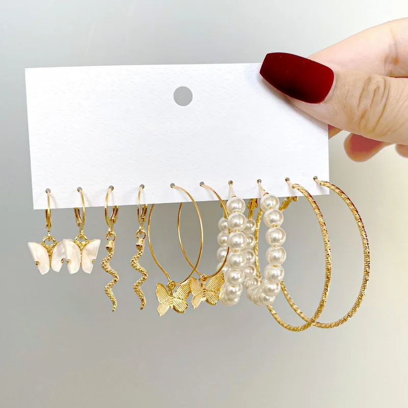 9 pairs Gold Color Pearl Earring Sets Hoop Earrings Creative Simple Party Earrings Vintage Circle Hoop Earring Party Jewelry New