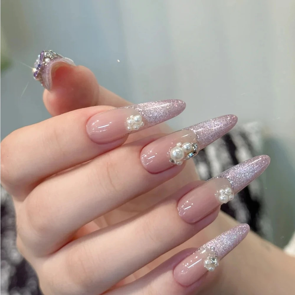 10 handmade pressed nails handmade long almond fake nails Christmas and Year limited edition shiny purple nail n with set 241031
