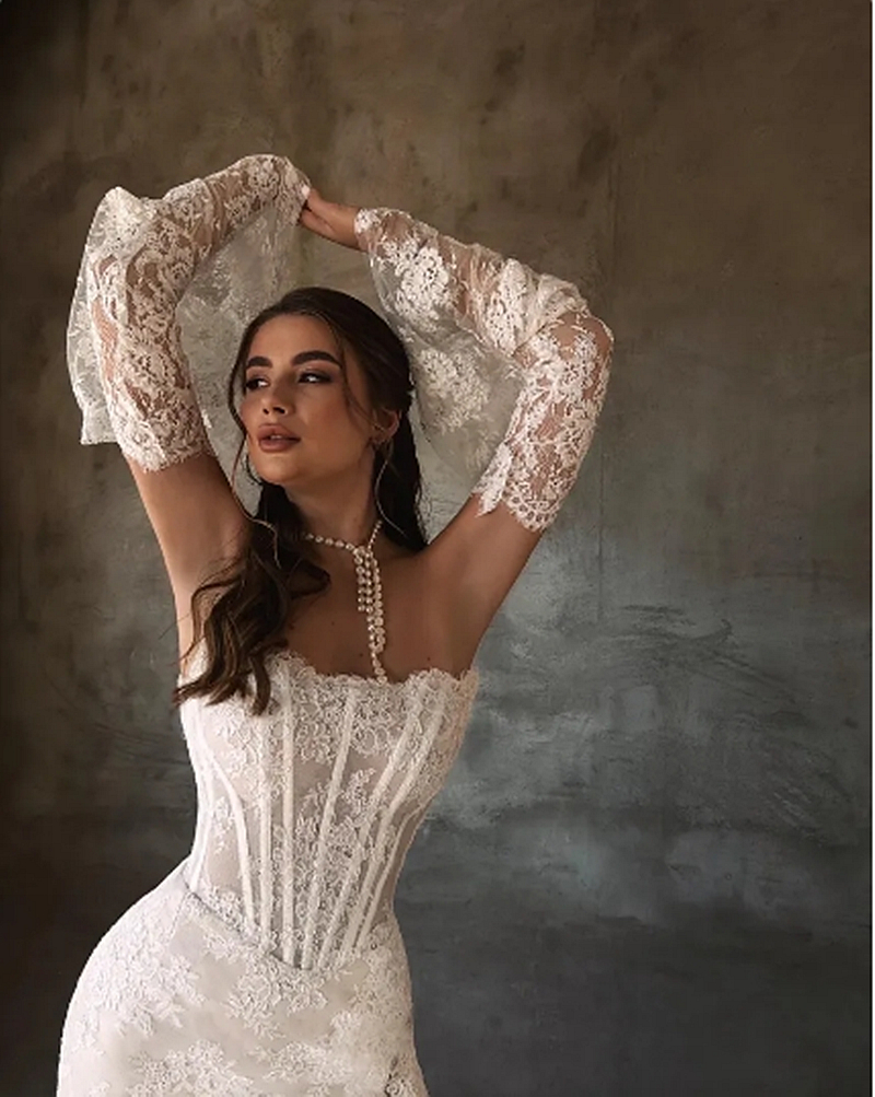 Strapless Beach Lace Mermaid Wedding Dresses Side Split Corset Bohemian Bridal Gown With Detachable Long Sleeves Ivory With Champagne Vestido De Novia