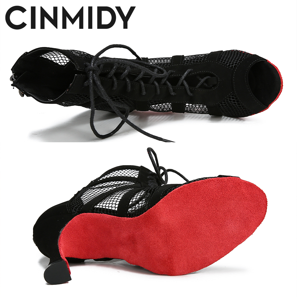 CINMIDY Lace Up Dance Shoes Women's Red Sole Latin Dance Shoes Black Ballroom Dance High Heels Tango Modern Jazz Dance Boots