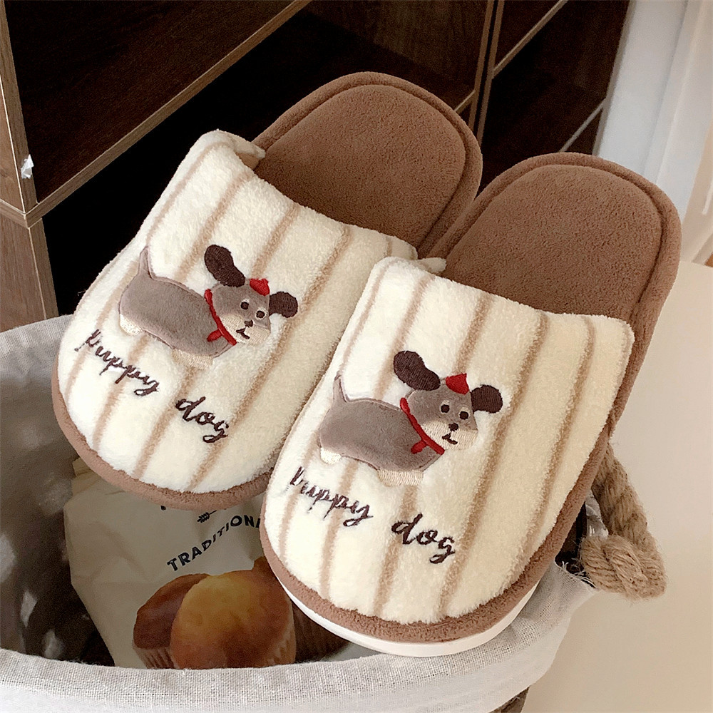 Casual Fluffy slippers for Ladies Home flats Cute little doggie Day contrasting color Stripes for girls Fashion Winter Slippers for houses Warm shoes