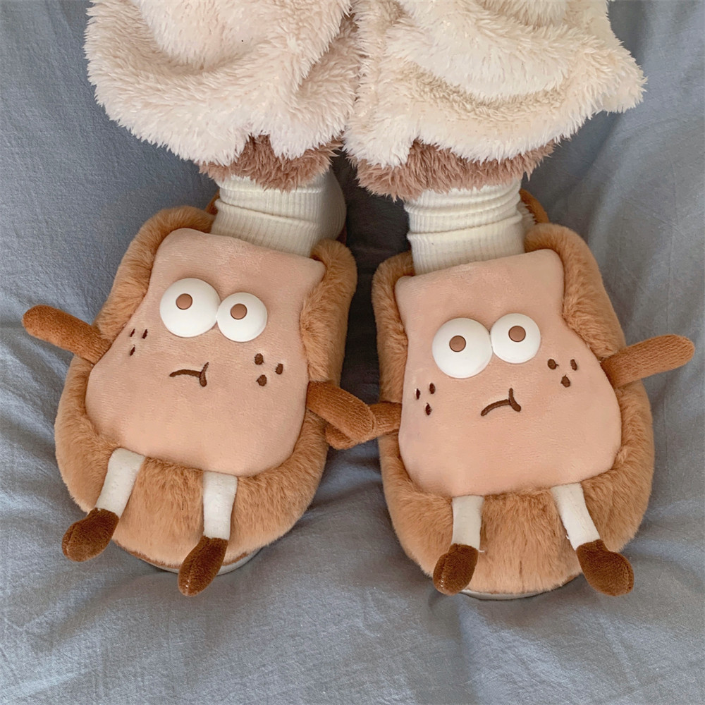 Personality Creative Cute stereo Toast slipper for Women Girls Ladies Fall/Winter Warm fur slide Furry plush mule Luxury women's shoes Flat slipp