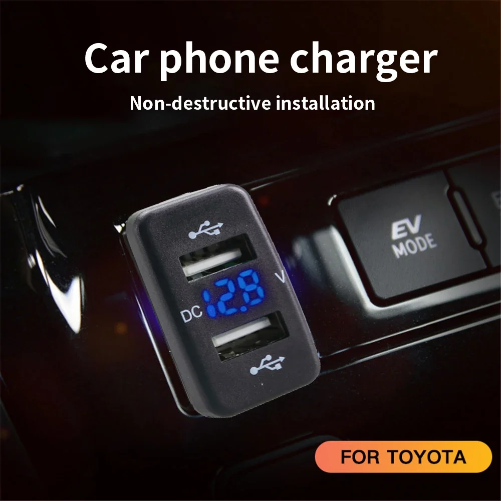 12V-24V Car Charger Socket Adapter Dual USB Ports Fast Charger Socket with Voltage Display for Toyota Auto Accessories 40X22mm