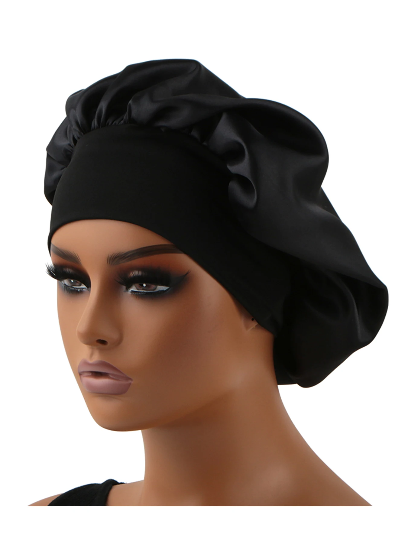 Normal adult sized Head Wrap Elastic Band Bonnet sleep cap Satin Silky Bonnet Sleep Black Pink color choice
