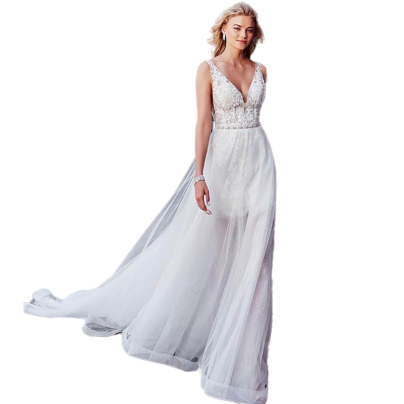 V-Neck Short Lace Wedding Dress With Long Detachable Tulle Skirt 2025 2 In 1 Bohemian Beach Bridal Gown Sleeveless Modern Robe De Mariee