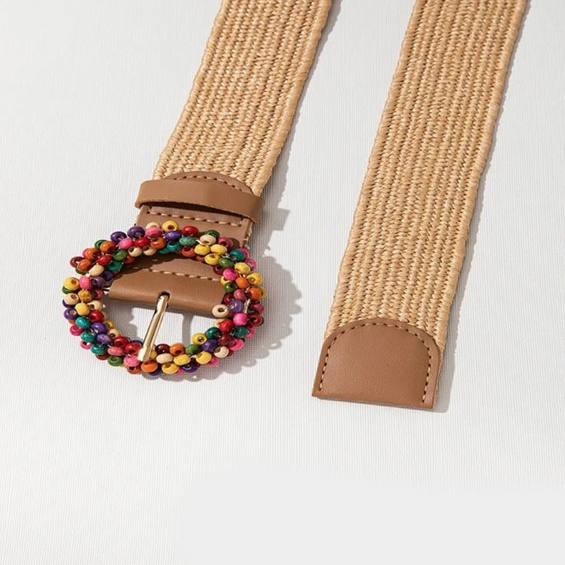 Boho-style Handwoven Belt for Women Vintage Straw Belts Colorful Round Buckle Waist Belt for Female Waist Accessories