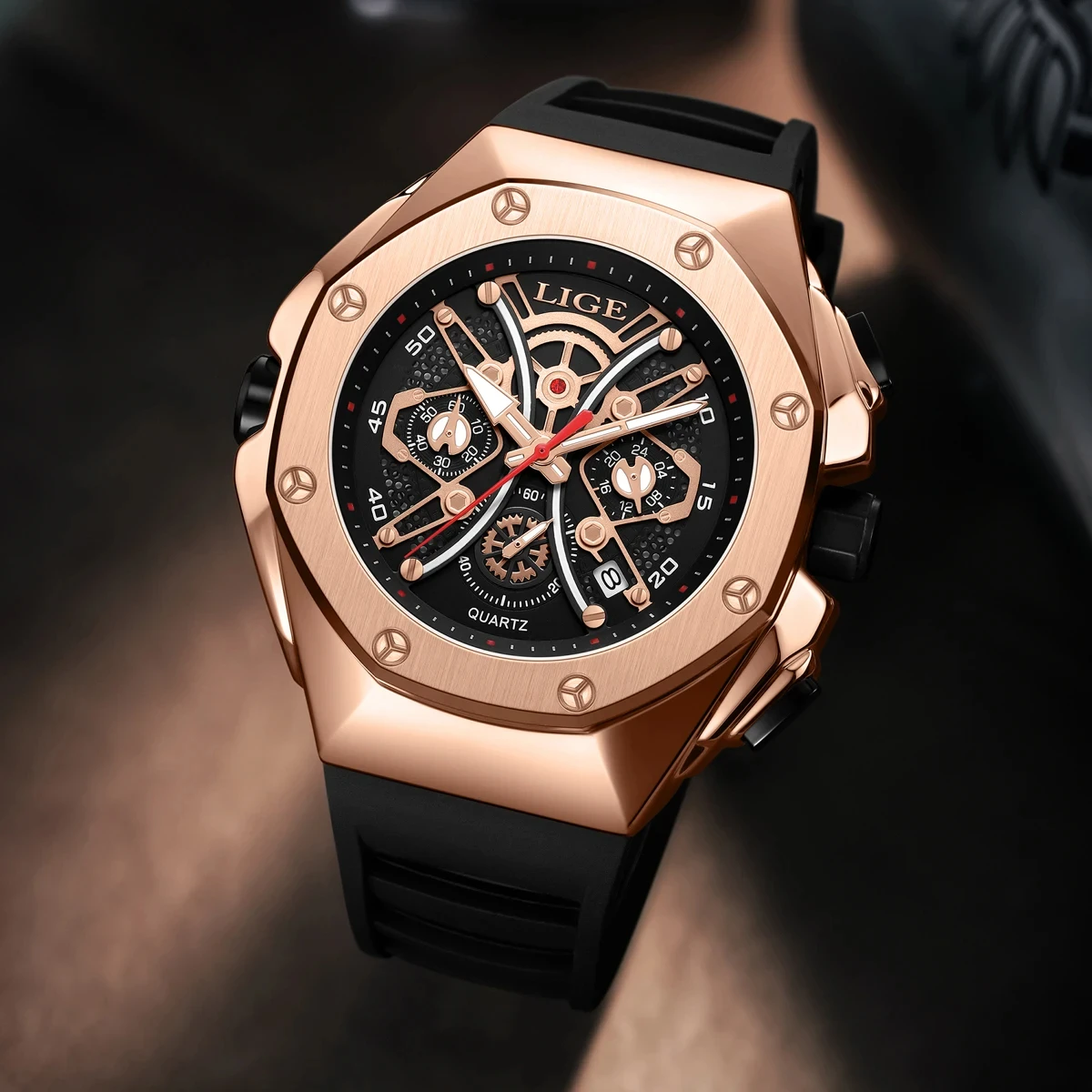 LIGE Joker Dial Men Quartz Watch Top Brand Rubber Strap Wristwatch Meteorite Shell Design Auto Date 30M Waterproof Watch For Men