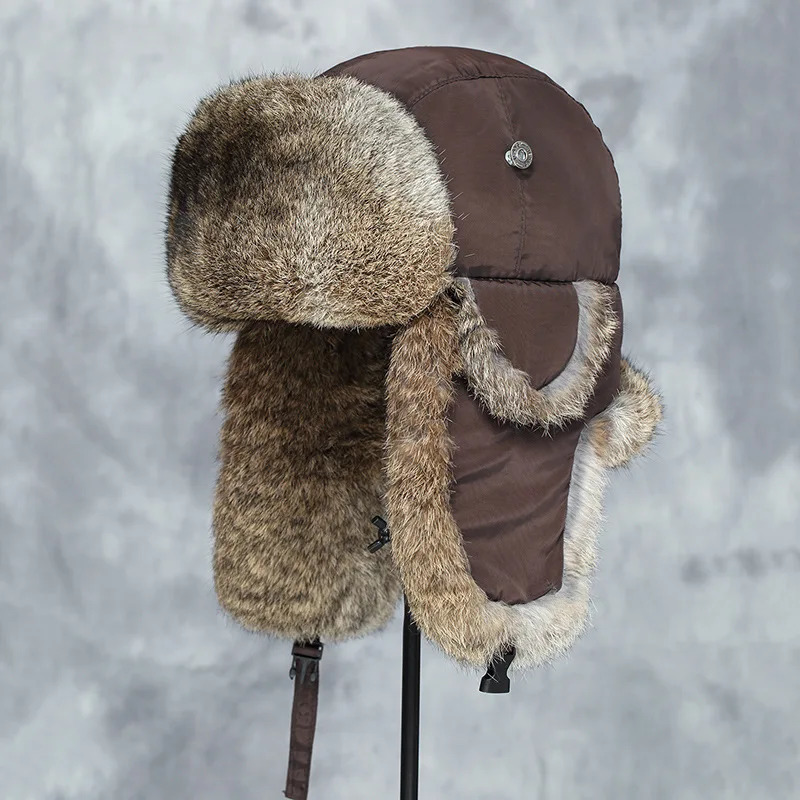 Mens unisex warm hunting device pilot cavalry earmuffs winter warm flap ski hat bomber hat 100% natural real rabbit fur hat 241031
