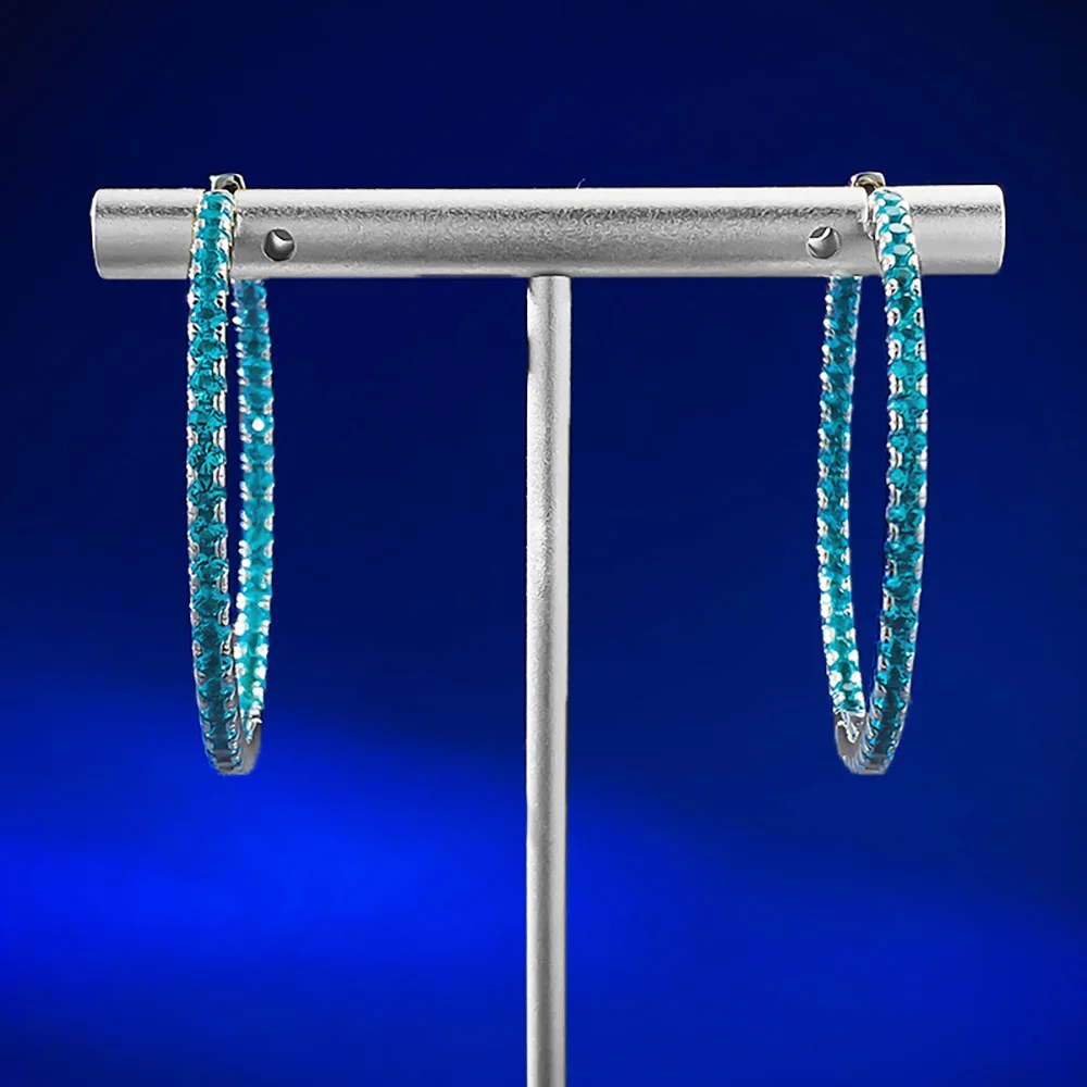 Luxury 100% 925 Solid Silver Blue-Green Tourmaline Hoop Earrings for Women Retro Gemstone Wedding Party Fine Jewelry Lady Gift