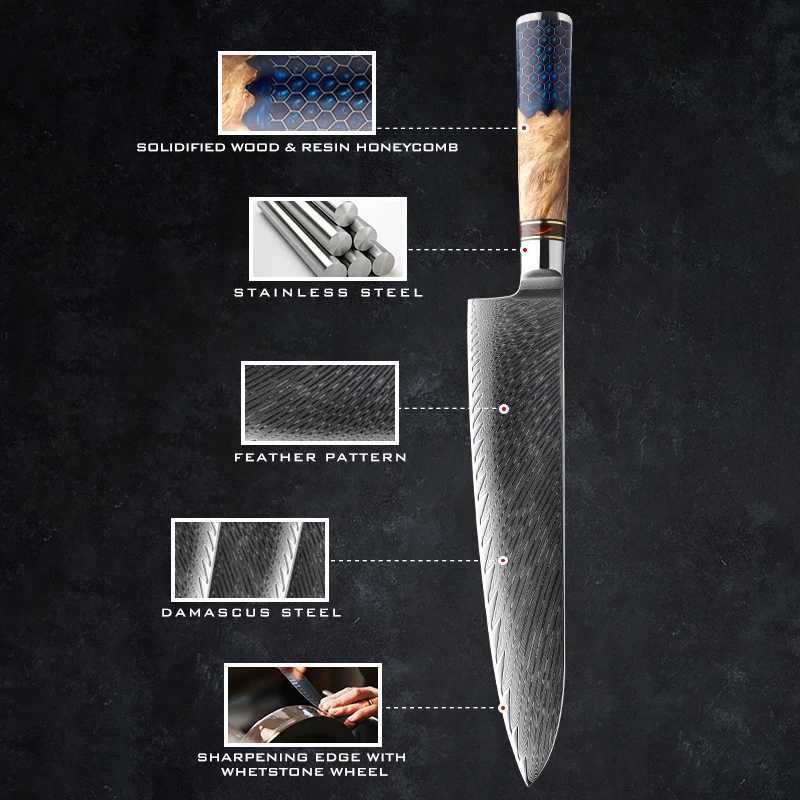 Damascus Knife Set AUS10 Japanese Steel Chef Kitchen Knife Santoku Paring Toast Knife Butcher Tool Honeycomb Handle New X241102