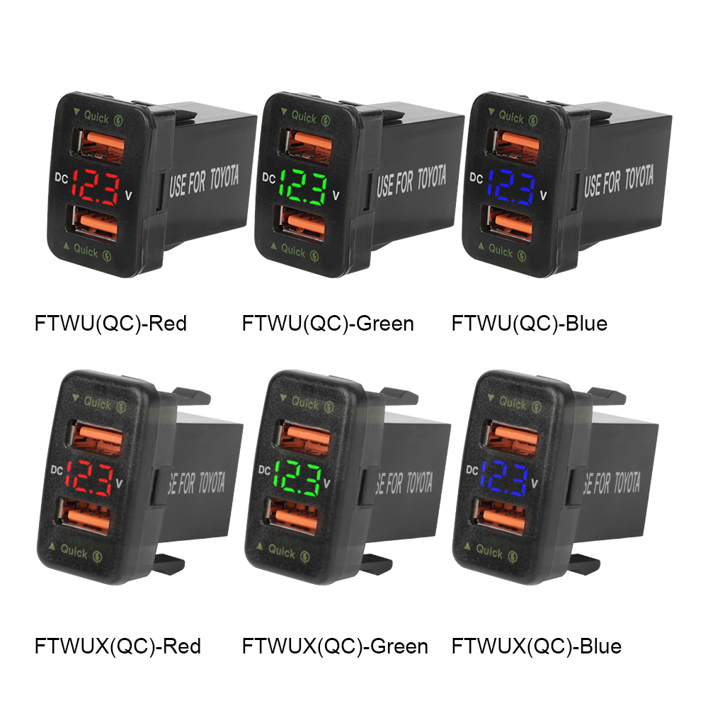 LED Car Accessories Power Adapter For Toyota Dual USB 12-24V Voltmeter QC Car Socket Charger Quick Charge For Mobile Phone