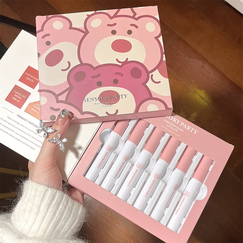 6Pcs/set Pink Bear Velvet Lip Gloss Matte Velvet Lip Glaze Waterproof Long Lasting Non-marking Natural Lip Tint Cosmetic Kit