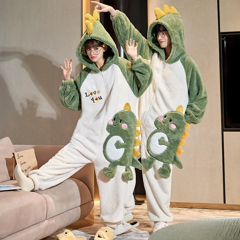 Dinosaur Pajamas Flannel Women Anime Onesie Adults Animal Overalls Thicken Homewear Men Warm Winter Sleepwear Fleece Jumpsuit