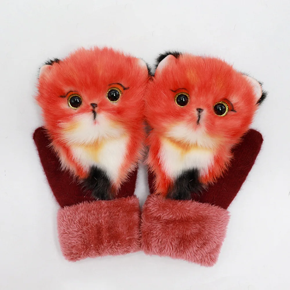 Female Warm Winter Gloves with Unicorn Animals Cat Fox Dog Girls Faux Fur Turn Cuff Extended Length Mittens 22cm
