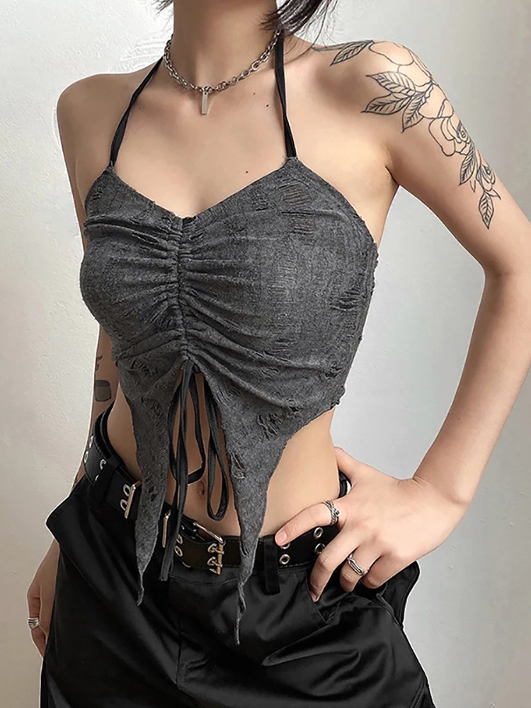 Goth Dark Vintage Mall Gothic Drawstring Women T-shirts 2 Piece Set Y2k Retro Fairy Grunge Camisole Long Sleeve Buckle Crop Tops 240318