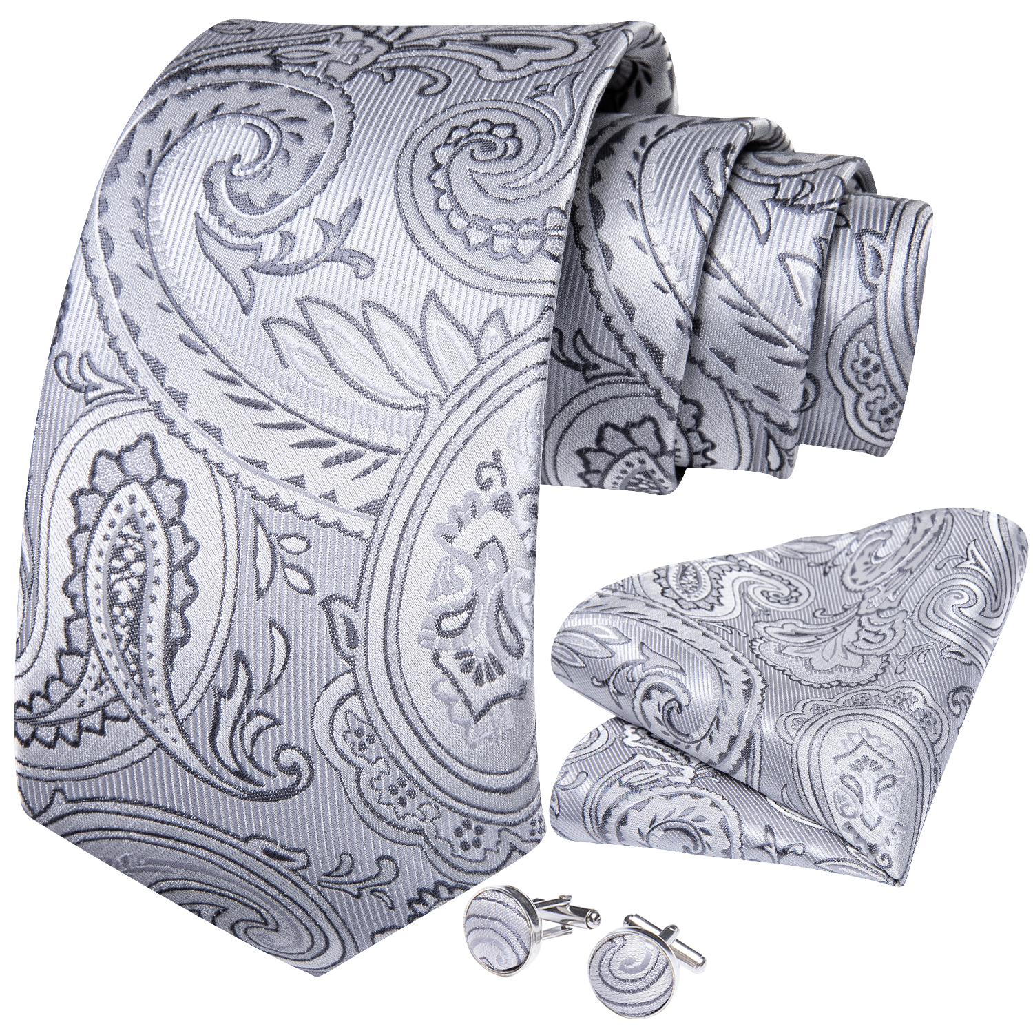 Gray Paisley Ties For Men 8cm Width Men's Ties Handkerchief Cufflinks Brooch Pin Wedding Men Accessories Neck Tie Gravata Gift