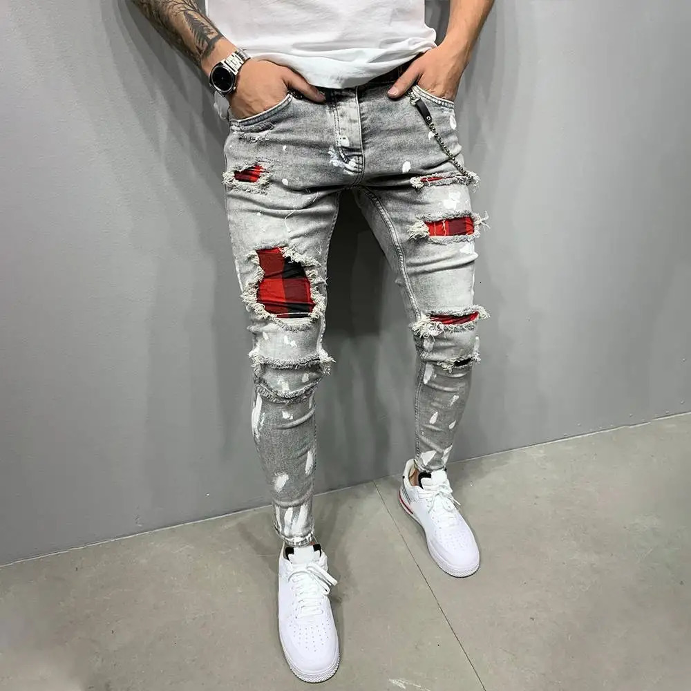 Mens Vintage Streetwear Paneled Ripped Casual Denim Pants European and American Zipper Skinny Jeans 240319