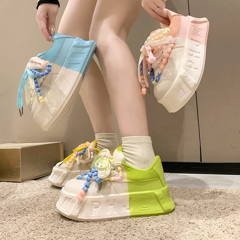Designer Dad Shoes for Women Girls Lucky Platform Vulcanized Shoes Ladies Colorful Round Head Casual Female Lace Up Shoes