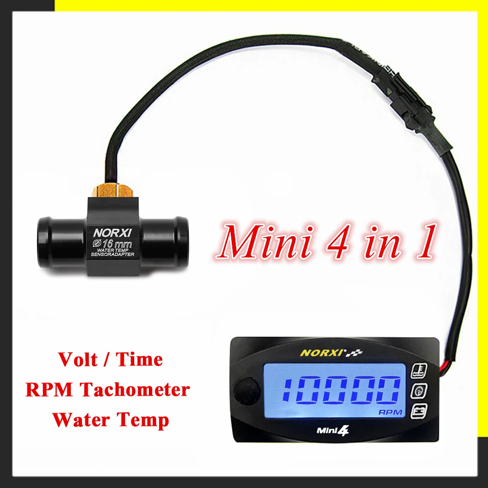 Motorcycles water temperature VoltageTime RPM Tachometer Norxi Mini 4 in 1 LED Digital Display Quad meter