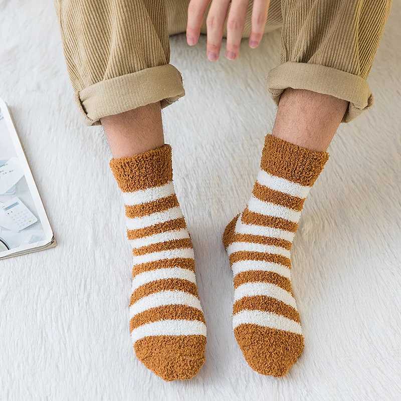 Striped Men Thick Coral Velvet Winter Warm Soft Man Fluffy Home Indoor Floor Terry Towel Fuzzy Sock Mens Male Meias LX241102