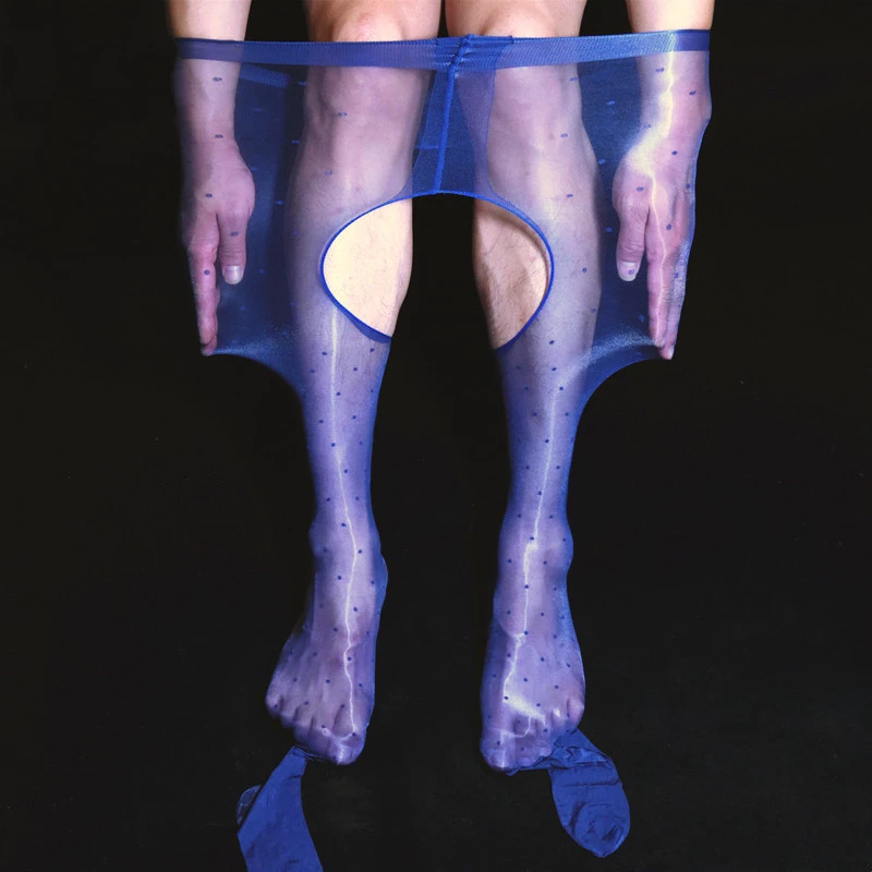 Sexy Men Sissy Stockings Polka Dot Glossy High Elastic Pantyhose Sheer Shiny Penis Sheath Open Crotch Cock Pouch Pantyhose