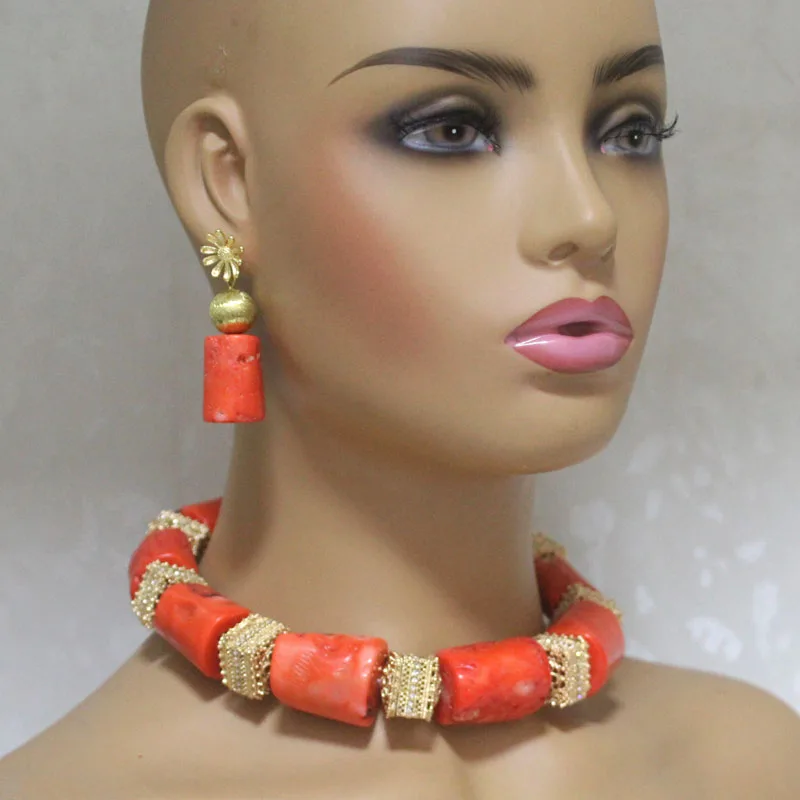 Dudo Choker Nigeria Wedding Jewelry Sets For Women 18-23MM Big Coral African Bridal Bead with Gold Plated Divider 3 Pieces