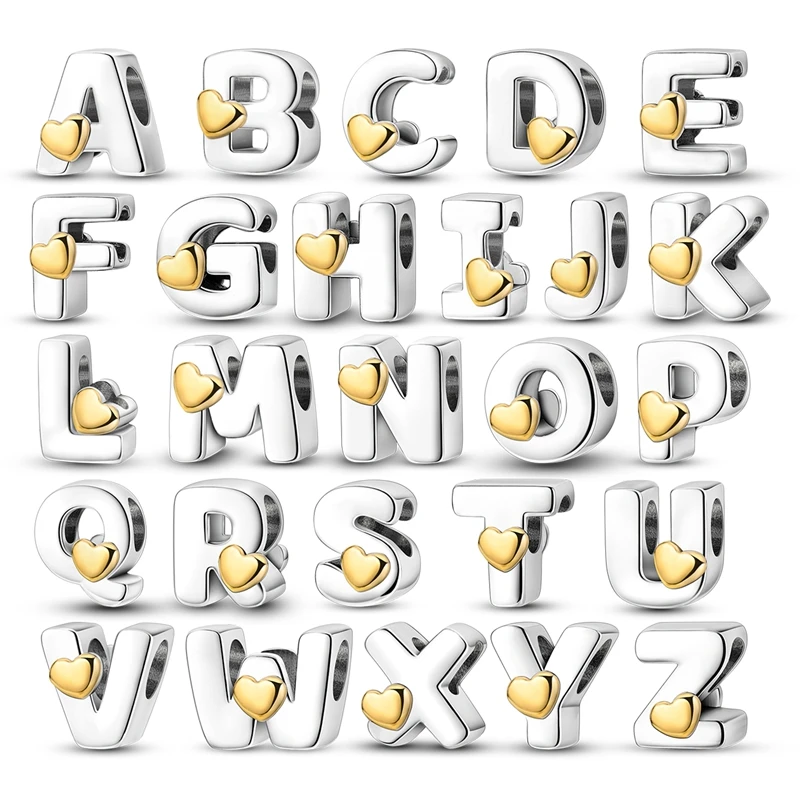 MULA 925 Sterling Silver Letter 26 Alphabet A-Z Heart Charms Beads Fit Original Pandora Charms Bracelet Necklace DIY Jewelry