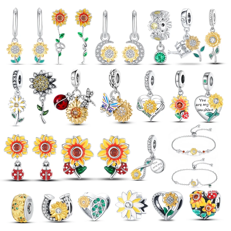 New in 925 Silver Sunflower Charms Fit Original Bracelet&Bangle For Women Birthday Fine Jewelry Gift