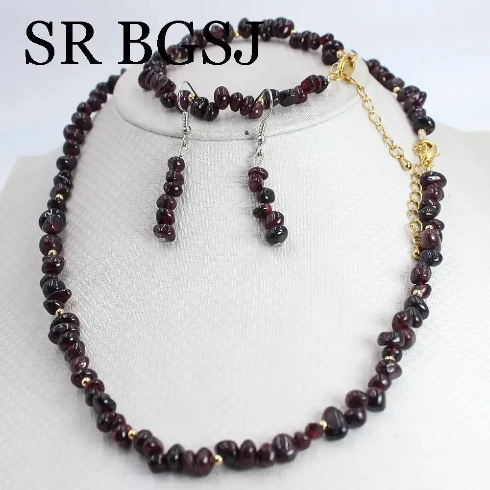 6-8mm Red Garnet Natural Gemstone Womens Necklace Bracelet Earring Jewelry Set 17.5 7-8 241031