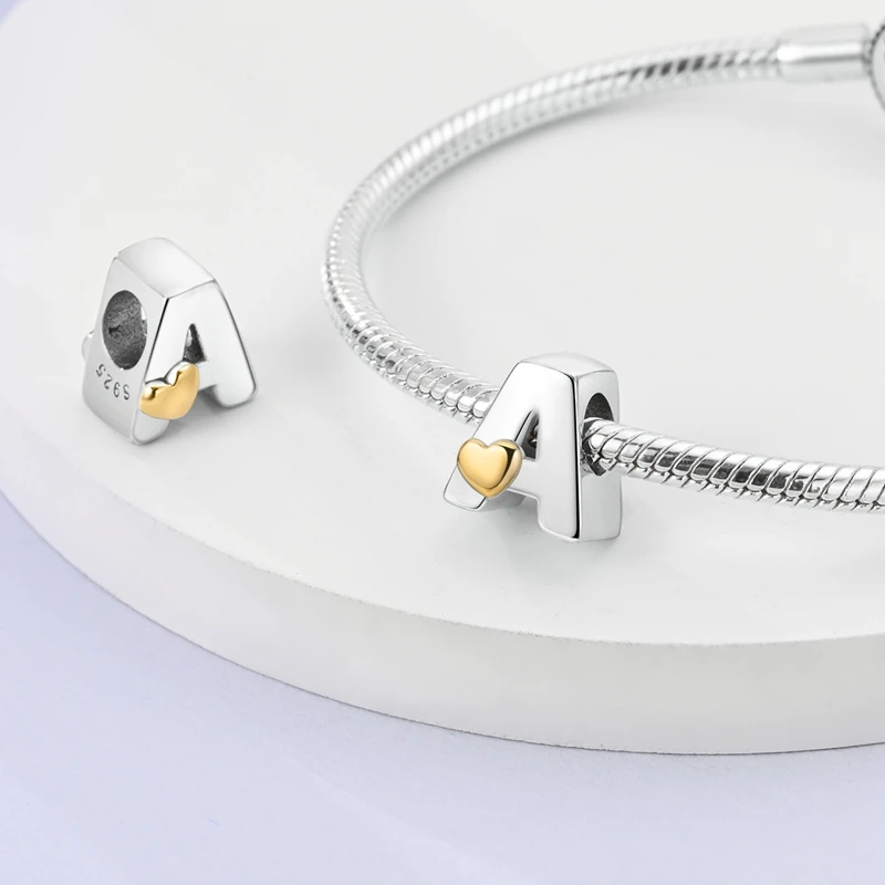 MULA 925 Sterling Silver Letter 26 Alphabet A-Z Heart Charms Beads Fit Original Pandora Charms Bracelet Necklace DIY Jewelry