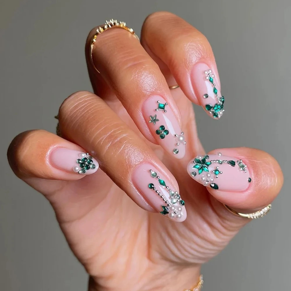 10 pieces of Christmas Nail Ballet Style Handmade Green Diamond 3D Almond Fake Nail n Art DIY Nail Pressing on Nails 241031
