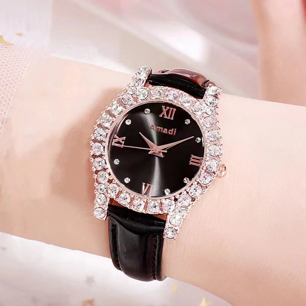 4pcs Set Watches Women Leather Band Watch Casual Womens Analog WristWatch Bracelet Pendants Earrings Gift Set Montre Femme+Box